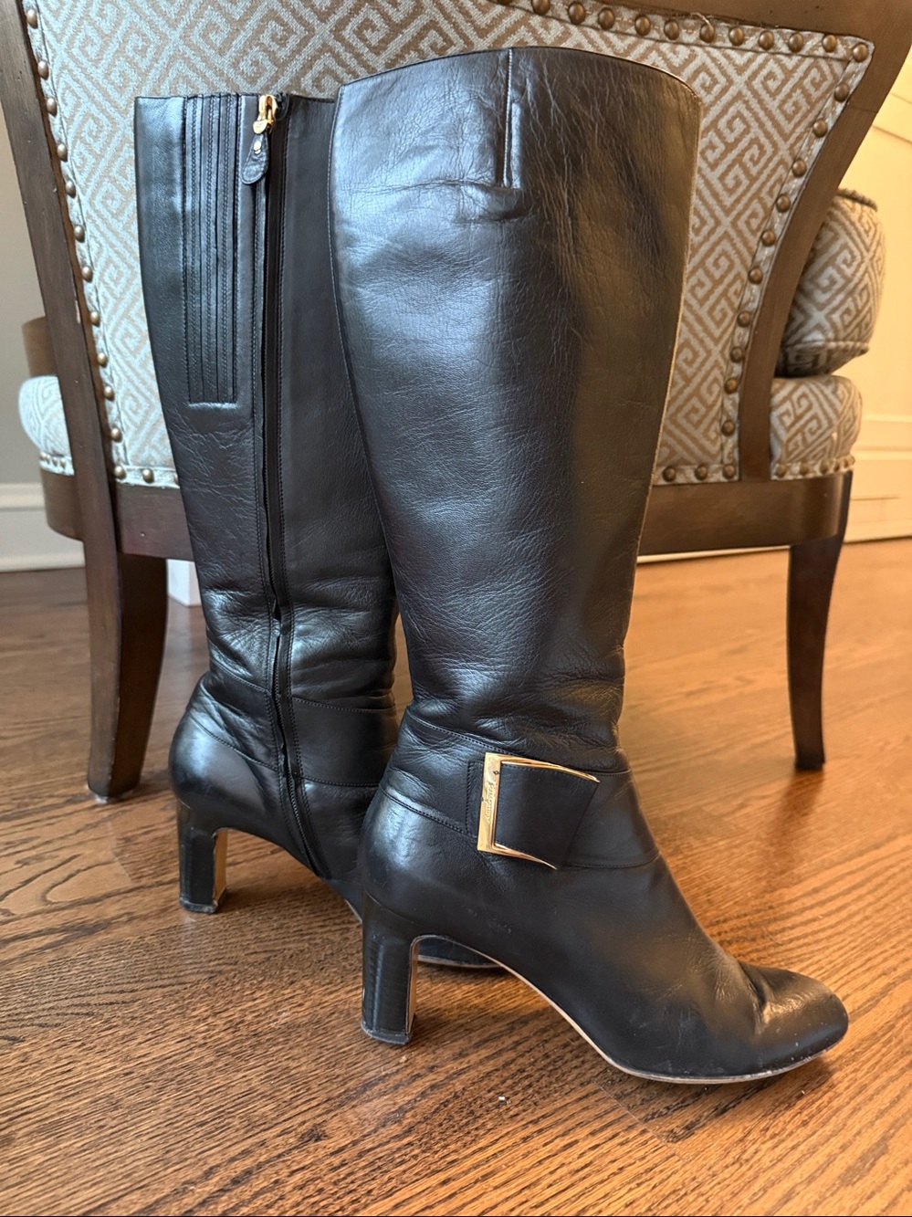 Salvatore Ferragamo Black Leather Mid-Heel Knee Boots with Gold Buckle size 9.5B